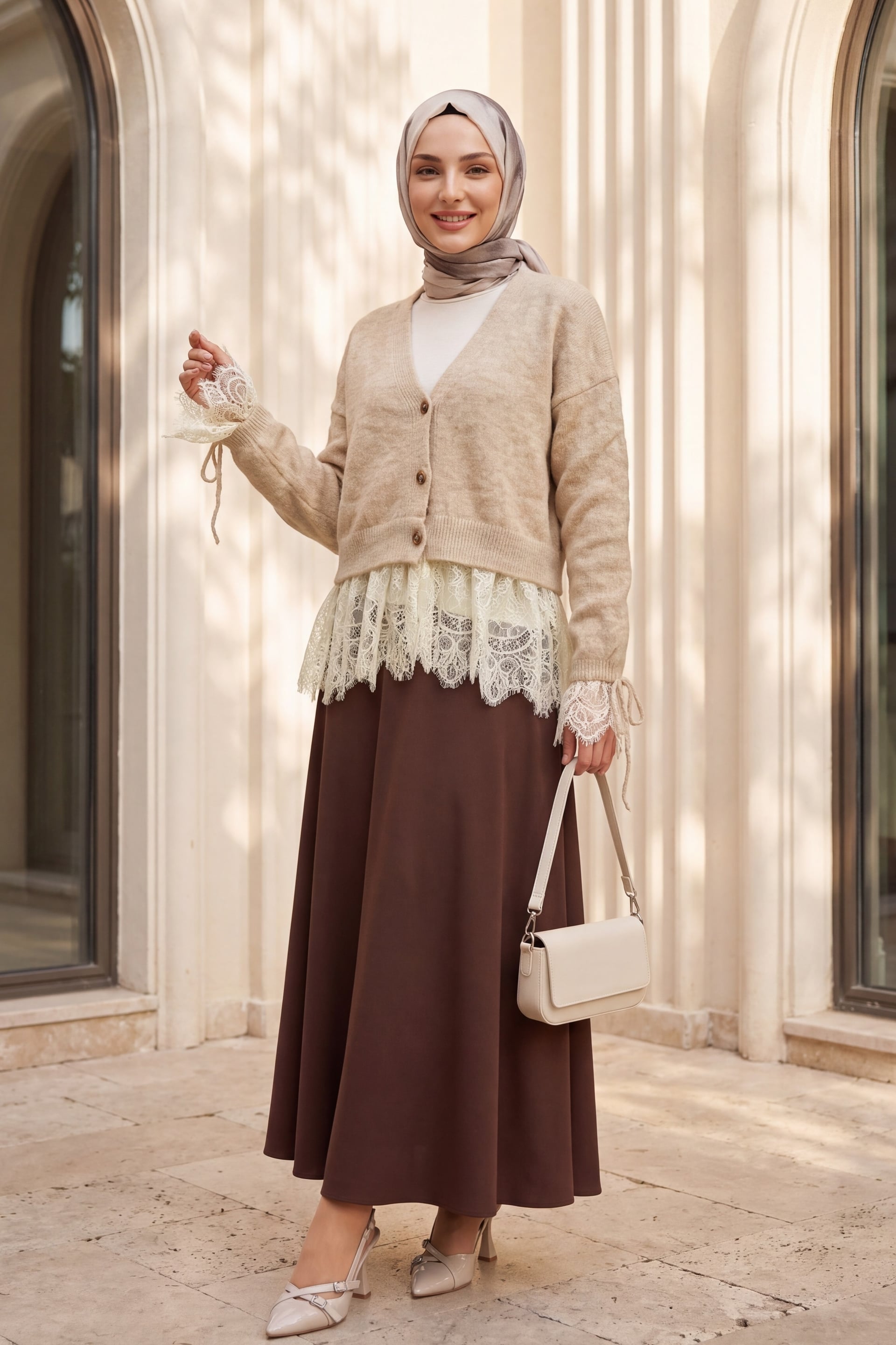 Beige Lace-Trim Button-Front Cardigan with Puff Sleeves - Podyumplus - by Peralane - photo 9