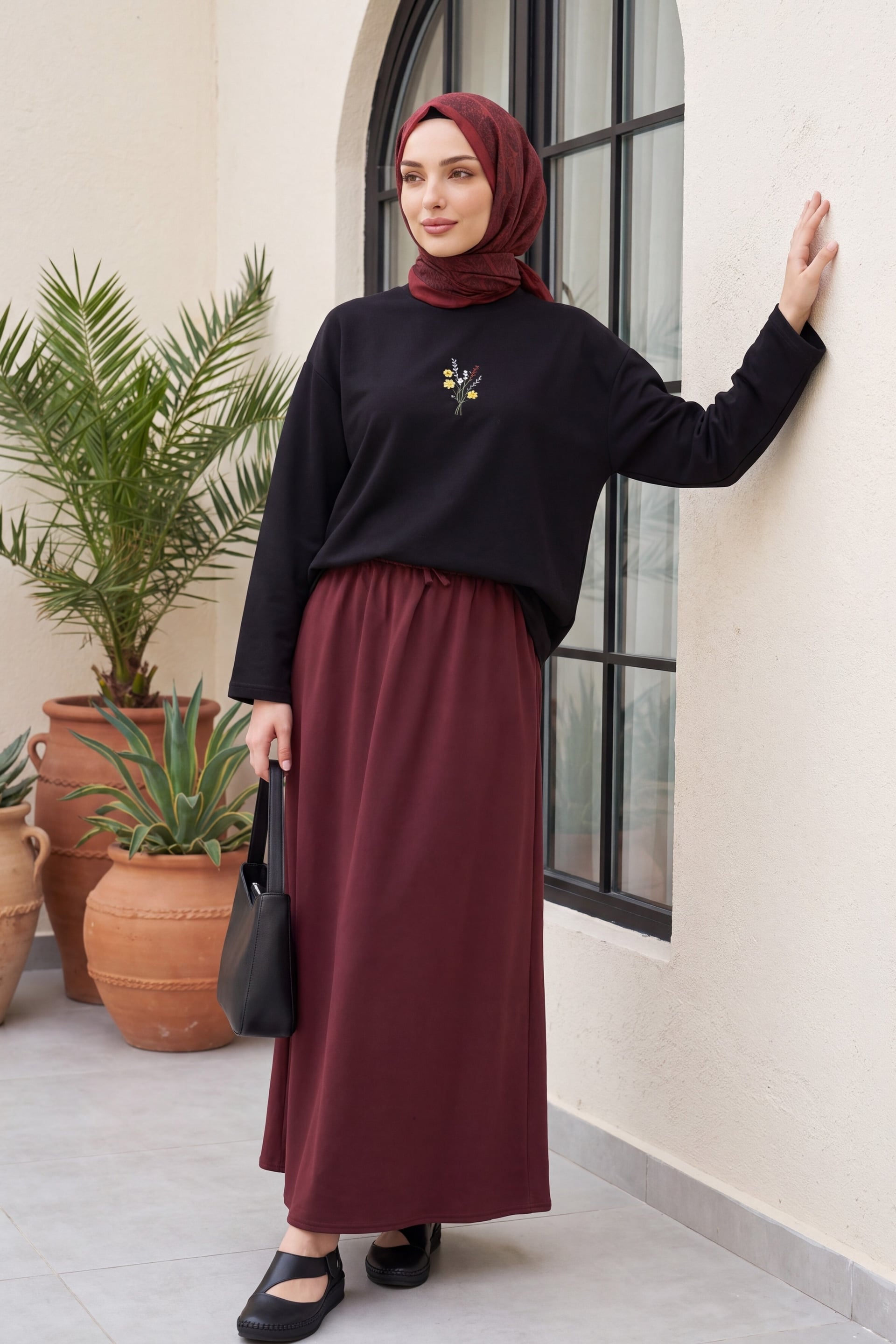 Black Oversized Crew Neck Blouse with Floral Embroidery - Podyumplus - by Peralane - photo 4