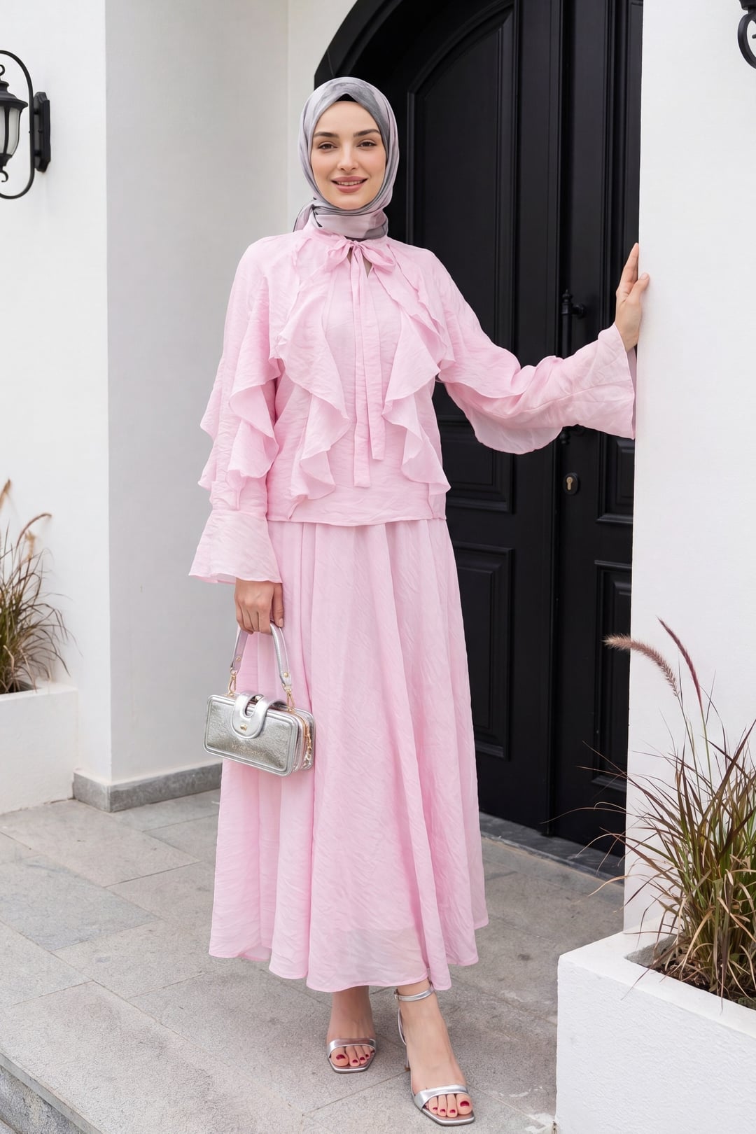 Tie-Neck Ruffled Lined Tulle Modal Two-Piece Set - Powder - Podyumplus - by Peralane - photo 2