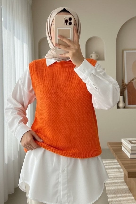 Orange Textured Knit Sweater Vest with White Shirt Set - Podyumplus - by Peralane