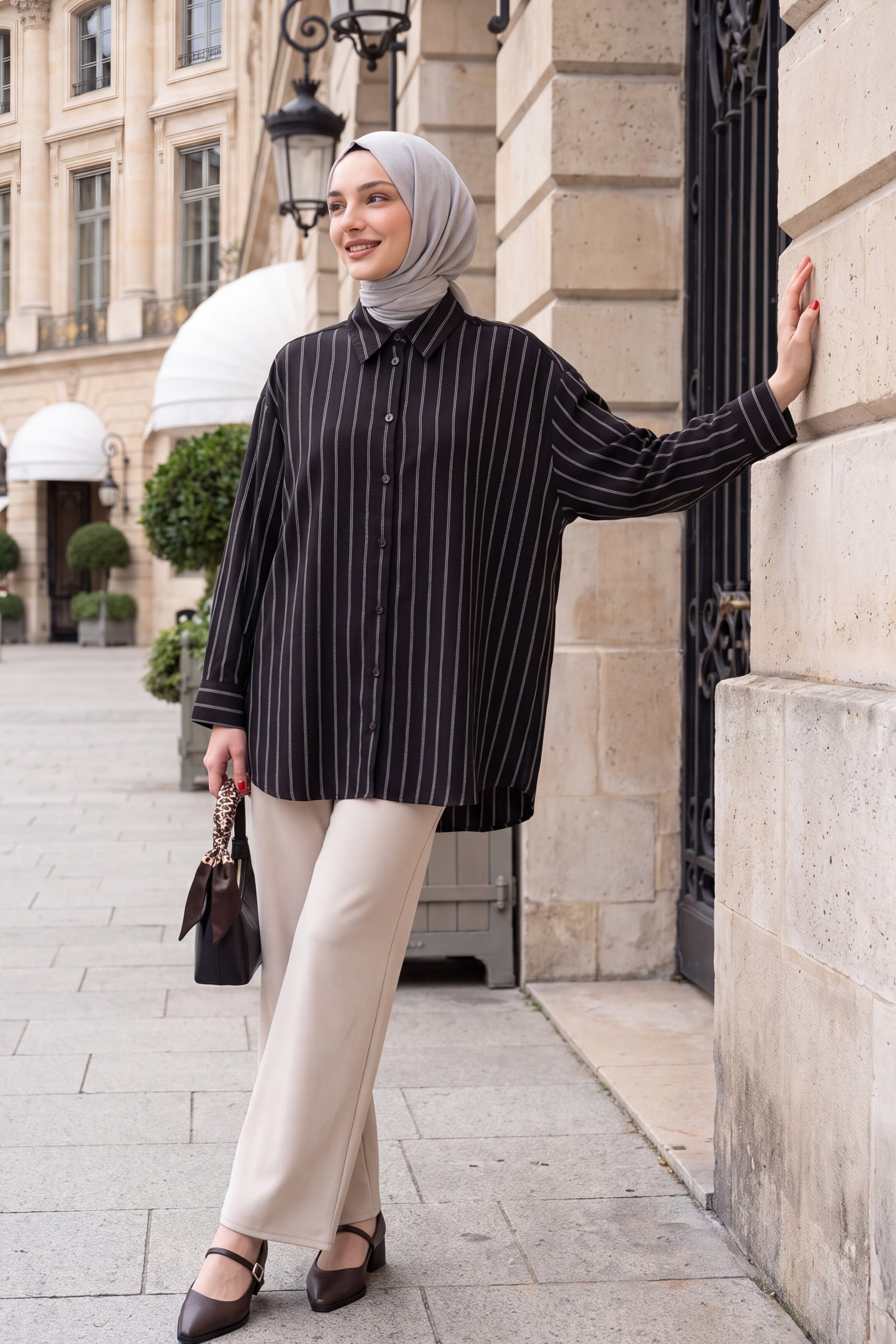Striped Button Oval Cut Linen Look Shirt - Brown - Podyumplus - by Peralane - photo 4