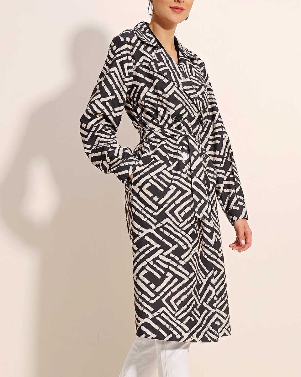 Black and Cream Abstract Print Double-Breasted Belted Trench Coat - Bigdart - by Peralane - photo 10