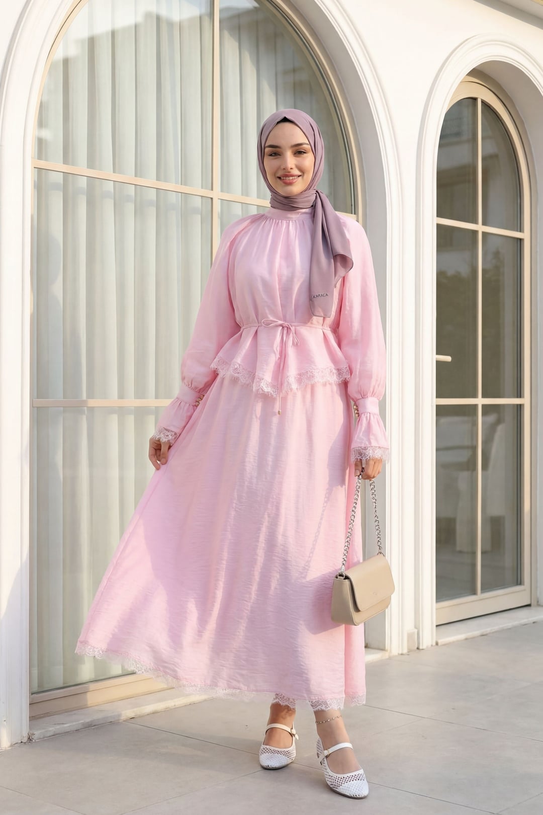 Lace Trim Belted Lined Flam Tulle Ensemble - Powder - Podyumplus - by Peralane - photo 6