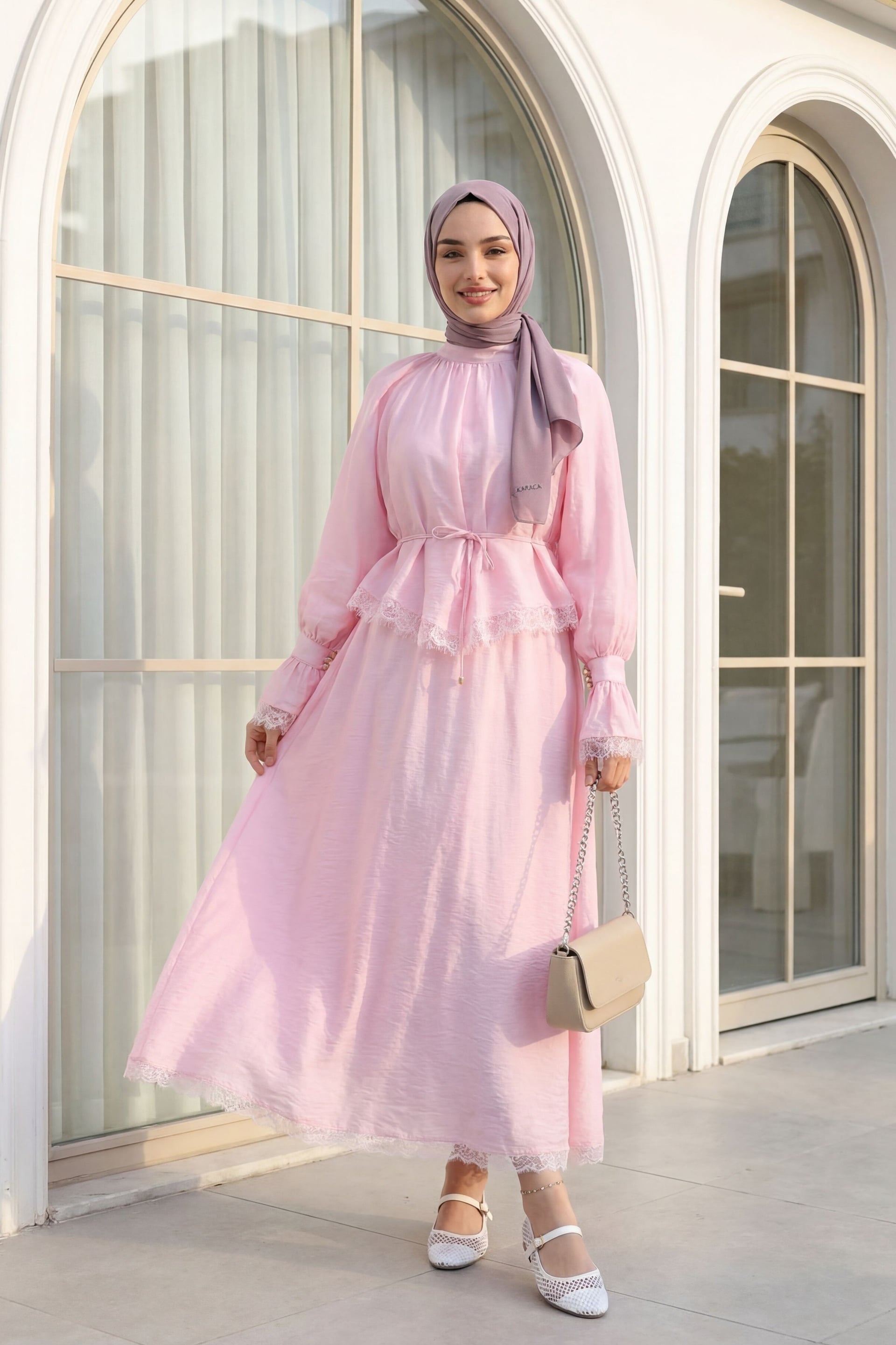 Lace Trim Belted Lined Flam Tulle Ensemble - Powder - Podyumplus - by Peralane - photo 6