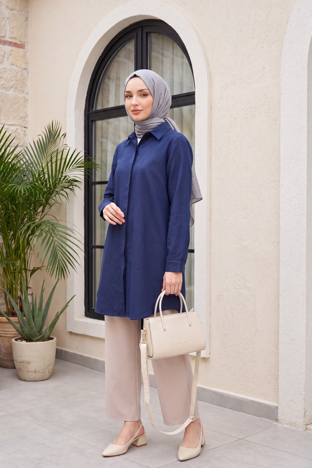 Navy Blue Hidden Button Oval Cut Long Shirt - Podyumplus - by Peralane - photo 2