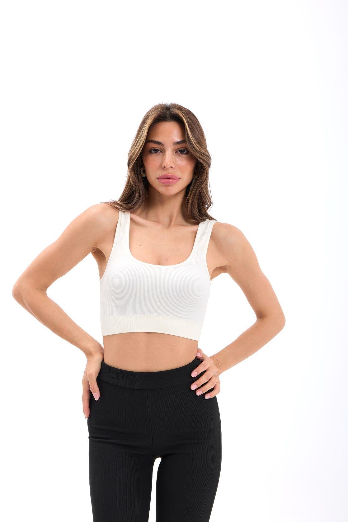 Ribbed Crop Top with Square Neckline - Ecru - Fame - by Peralane - photo 5
