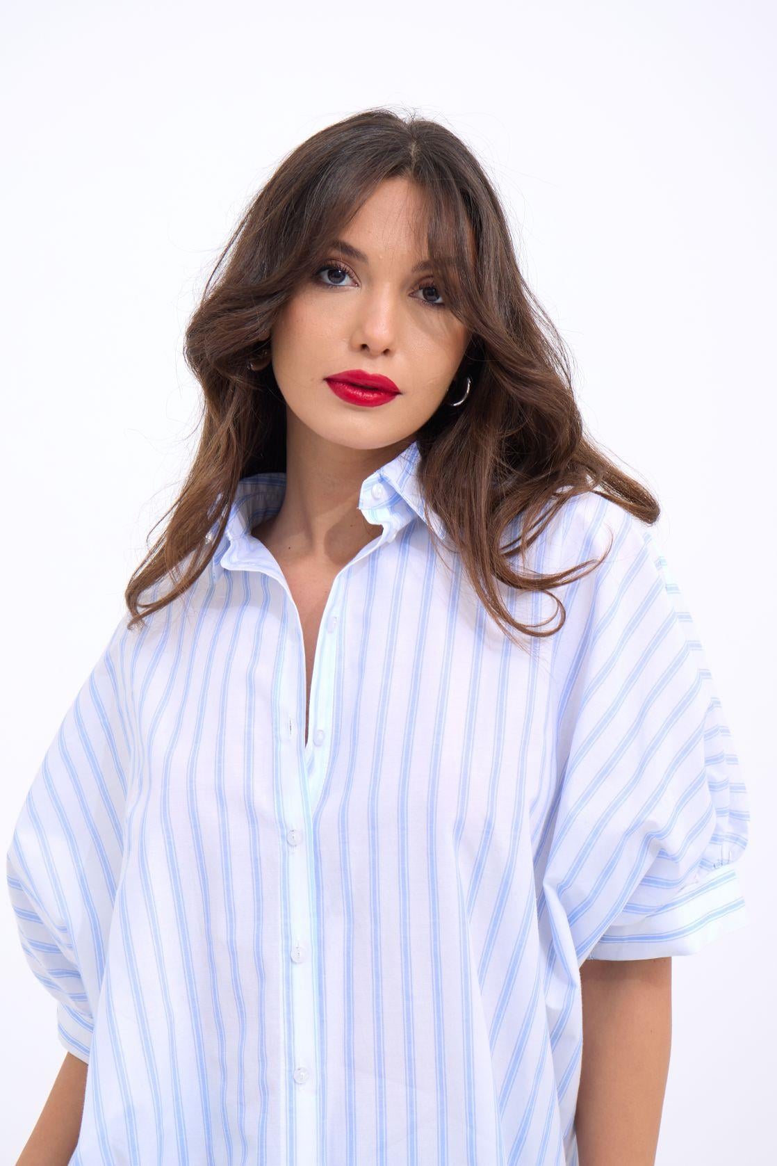 5190 Striped Short-Sleeve Blouse - Light Blue and White - Fame - by Peralane - photo 5