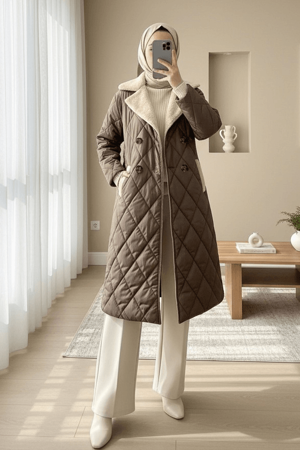 Quilted Long Jacket with Belt and Fur Collar - Earth Brown - Podyumplus - by Peralane