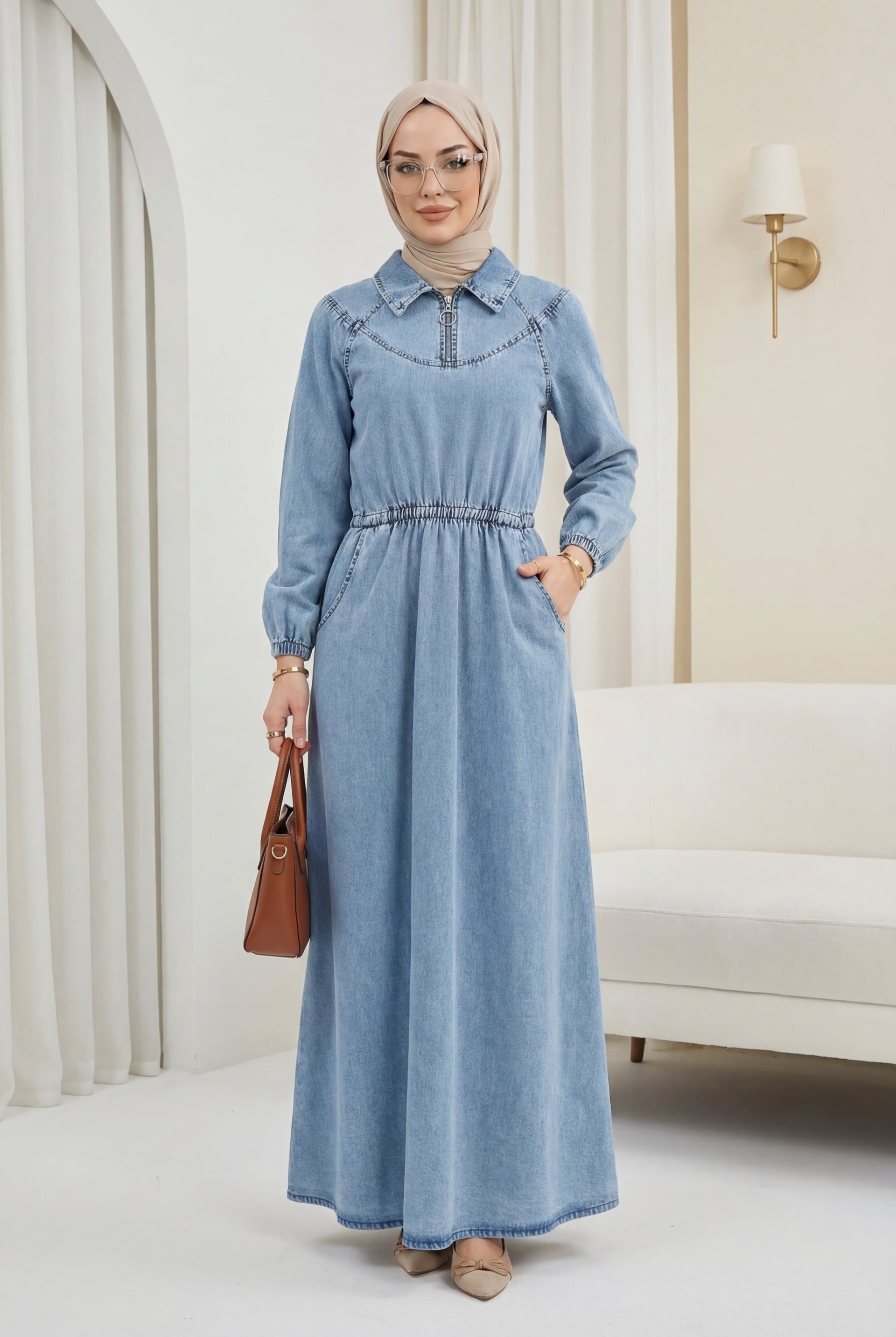 Zip-Collar Elastic Waist Denim Dress with Pockets - Ice Blue - Podyumplus - by Peralane
