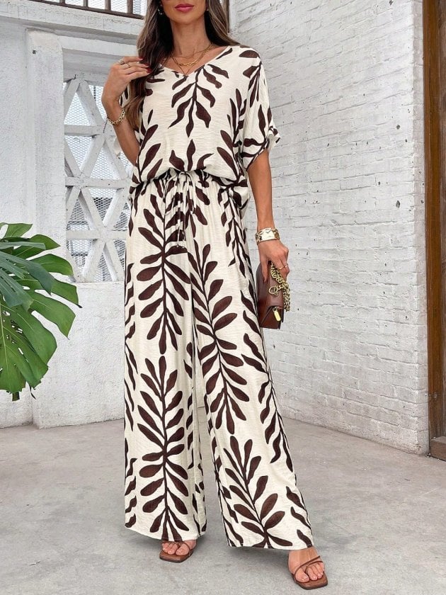 Women's Short-Sleeve V-Neck Patterned Aerobin Blouse and Trousers Two-Piece Set - Janes - by Peralane