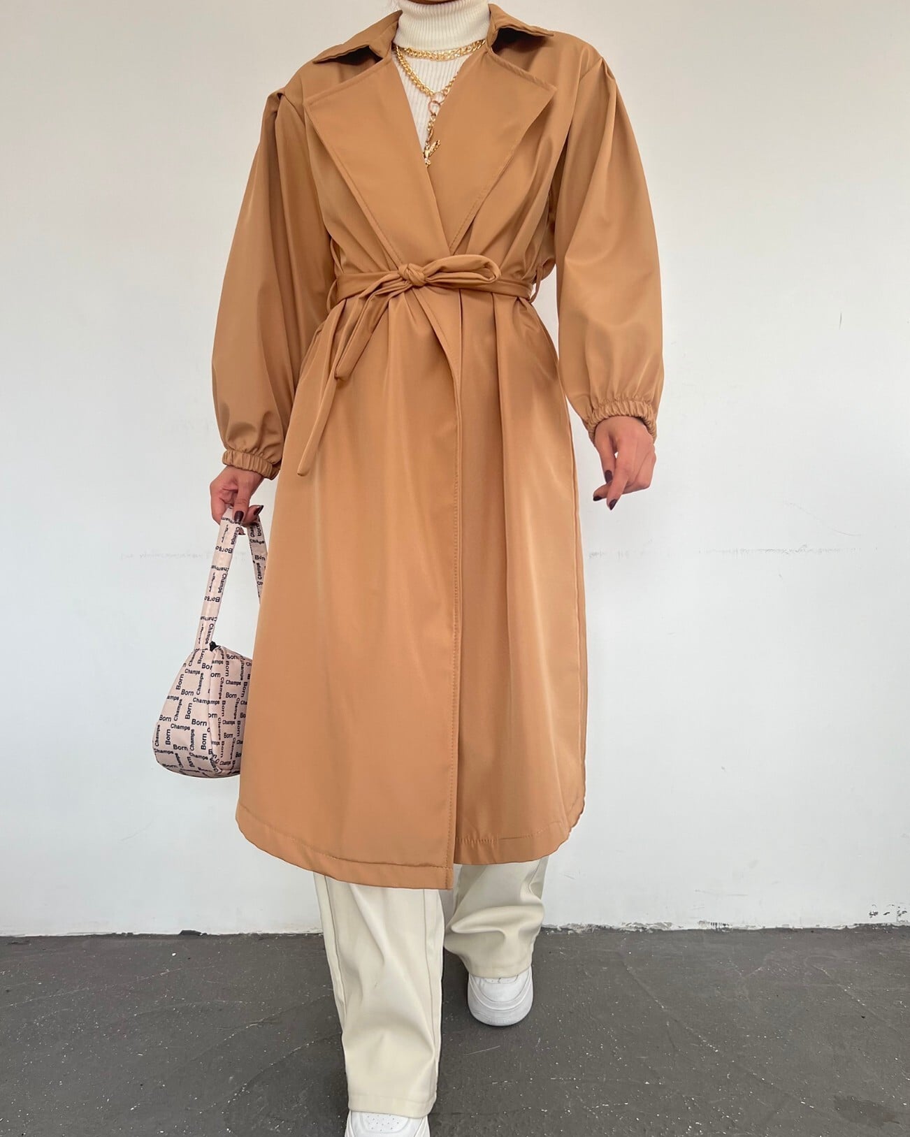 Belted Baloon Sleeve Trench Coat in Tan - Podyumplus - by Peralane - photo 2