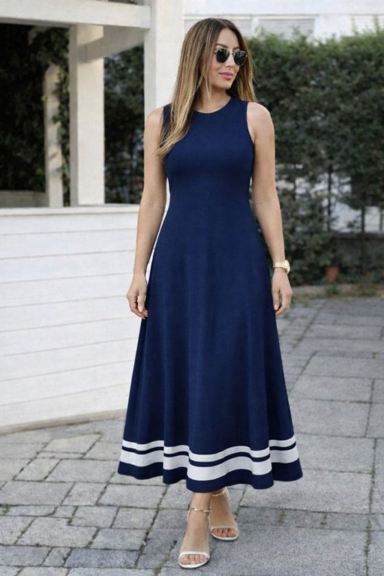 Women's Sleeveless Round Neck Navy Blue Midi Dress with Striped Hem - Janes - by Peralane