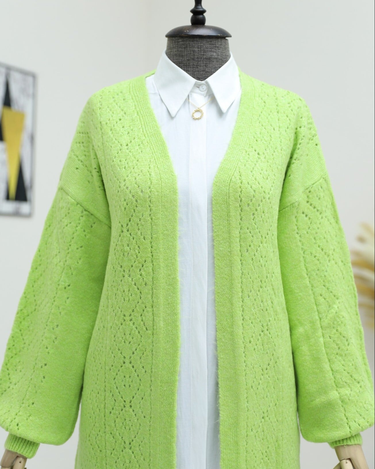 Longline Lime Green Knit Cardigan with Openwork Details - Podyumplus - by Peralane - photo 3