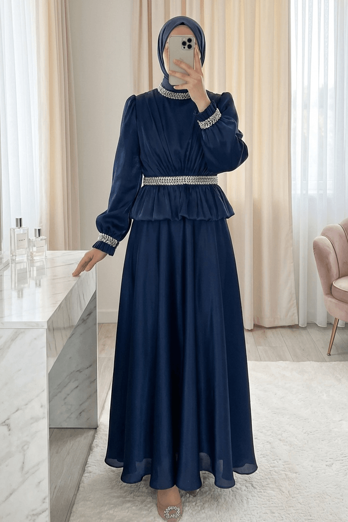 Peplum Waist Rhinestone Embellished Satin Evening Dress in Navy Blue - Podyumplus - by Peralane - photo 3