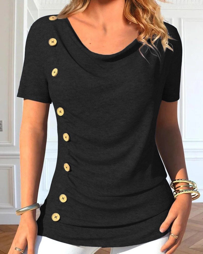 Women's Black Cowl Neck Short Sleeve Knit Blouse with Side Buttons - Janes - by Peralane - photo 3
