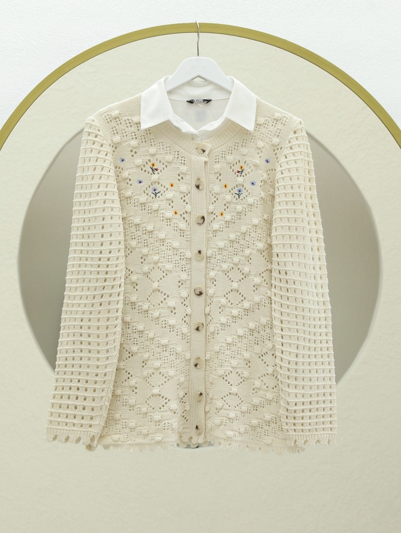 Cream Buttoned Knit Cardigan with Pom Details - Podyumplus - by Peralane - photo 5