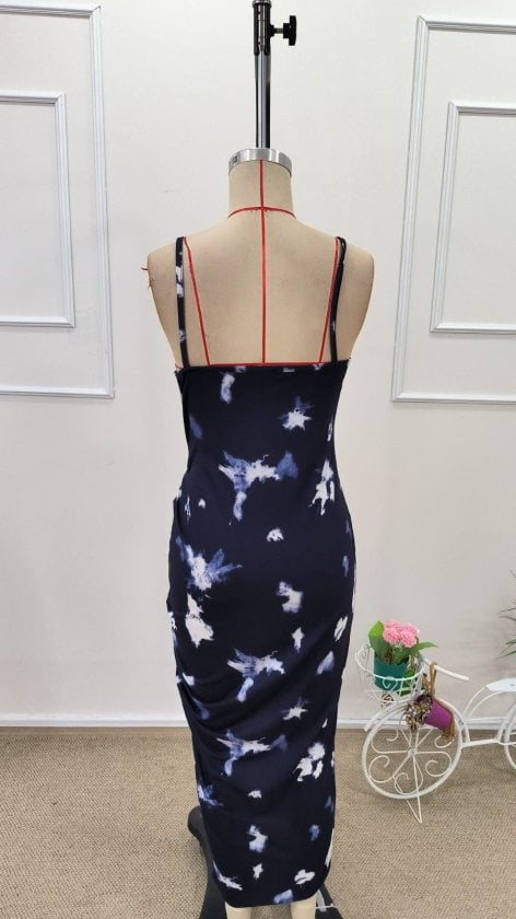 Women's Spaghetti Strap Round Neck Patterned Side Ruched Midi Supreme Dress - Janes - by Peralane - photo 8