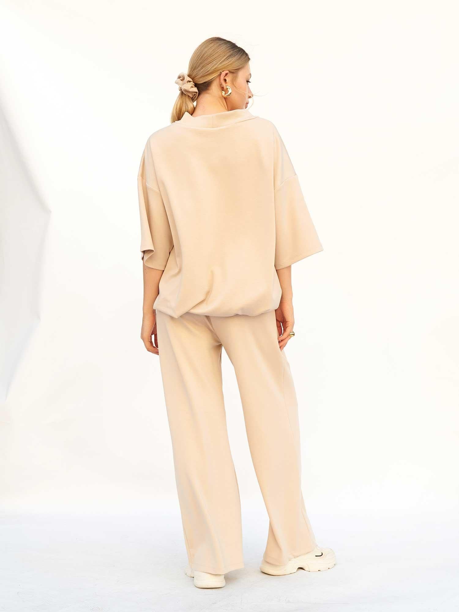 Women's Relaxed Fit Loungewear Set with Wide-Leg Trousers - Light Beige - Lefon - by Peralane - photo 3