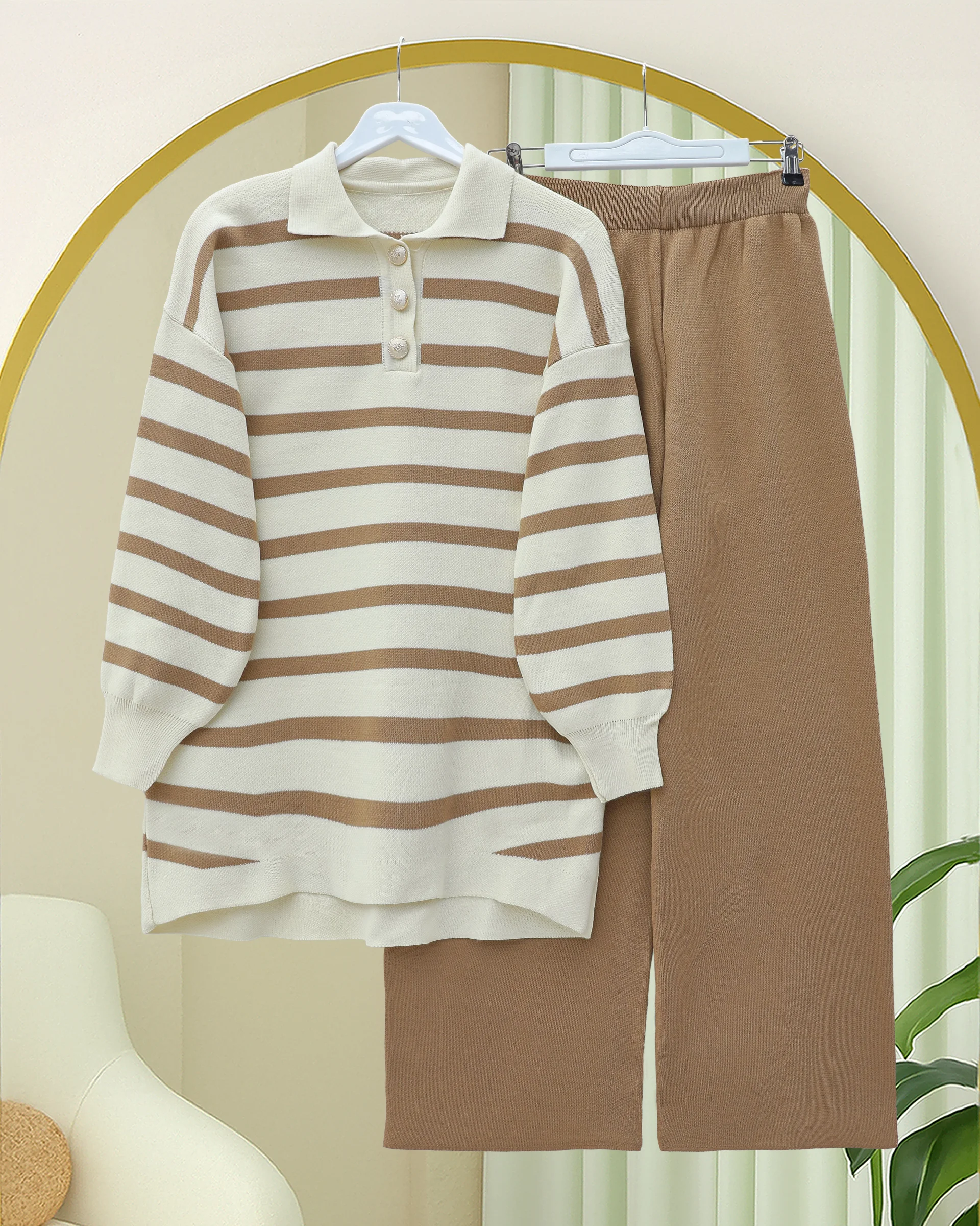 Polo Collar Buttoned Striped Knit Tunic and Wide-Leg Trousers Set - Tan - Podyumplus - by Peralane - photo 3