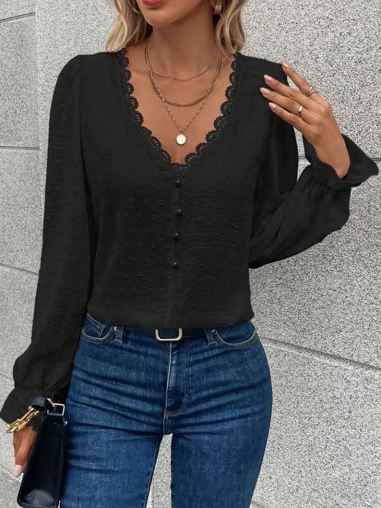Women's Long Sleeve V-Neck Button-Front Blouse with Lace Trim - Janes - by Peralane - photo 2