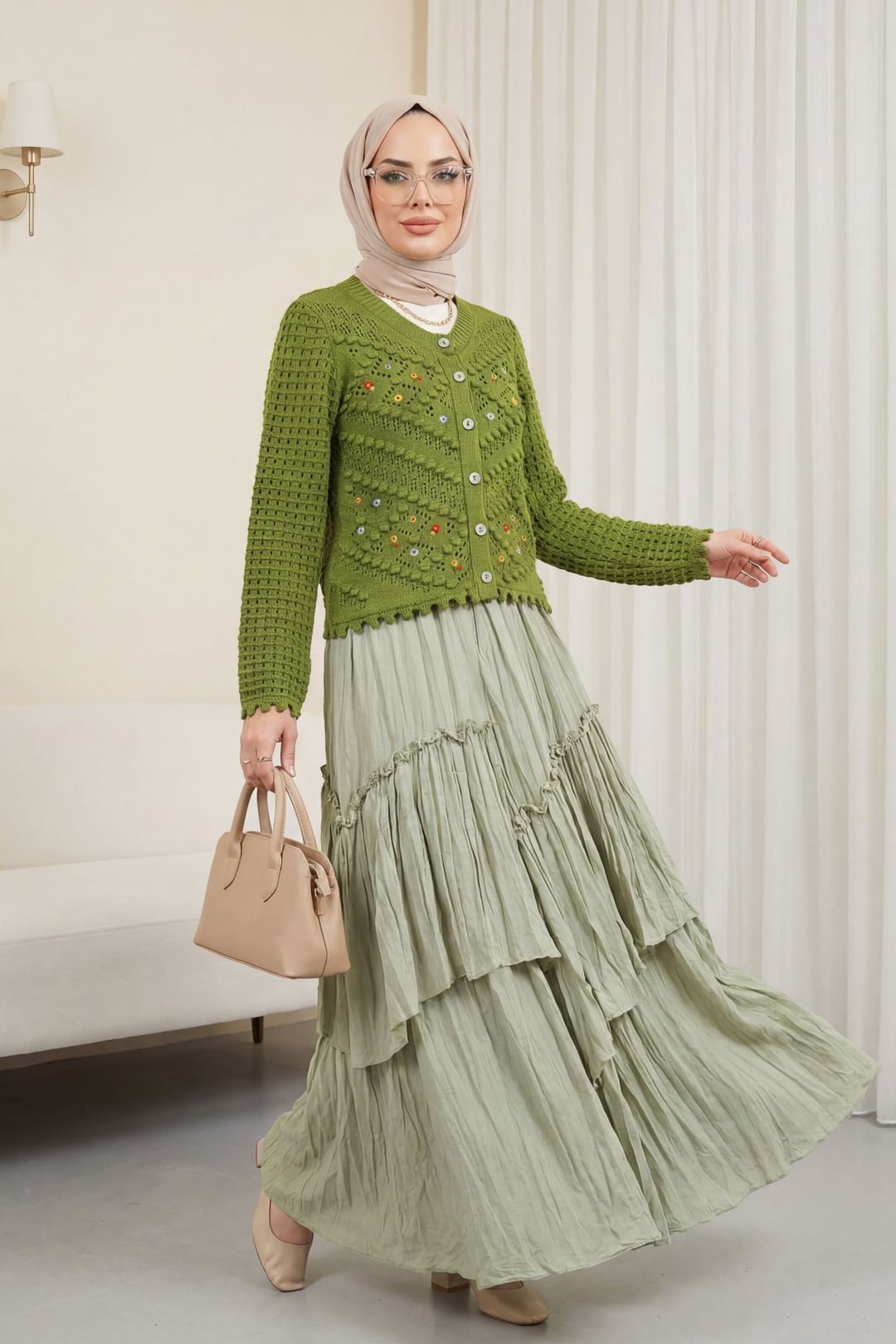 Floral Embroidered Openwork Knit Cardigan - Khaki - Podyumplus - by Peralane - photo 3