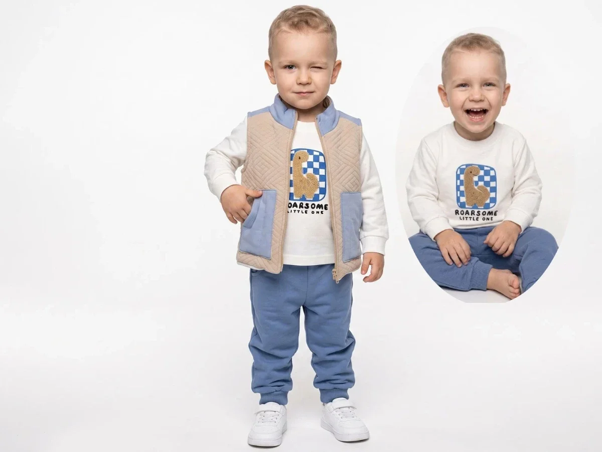 Dino Print Vest Set for Baby Boys - 3 Piece Outfit - Bebly - by Peralane