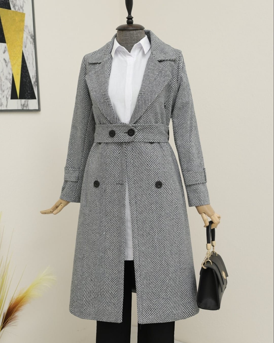 Belted Lined Herringbone Trench Coat - Grey - Podyumplus - by Peralane - photo 3
