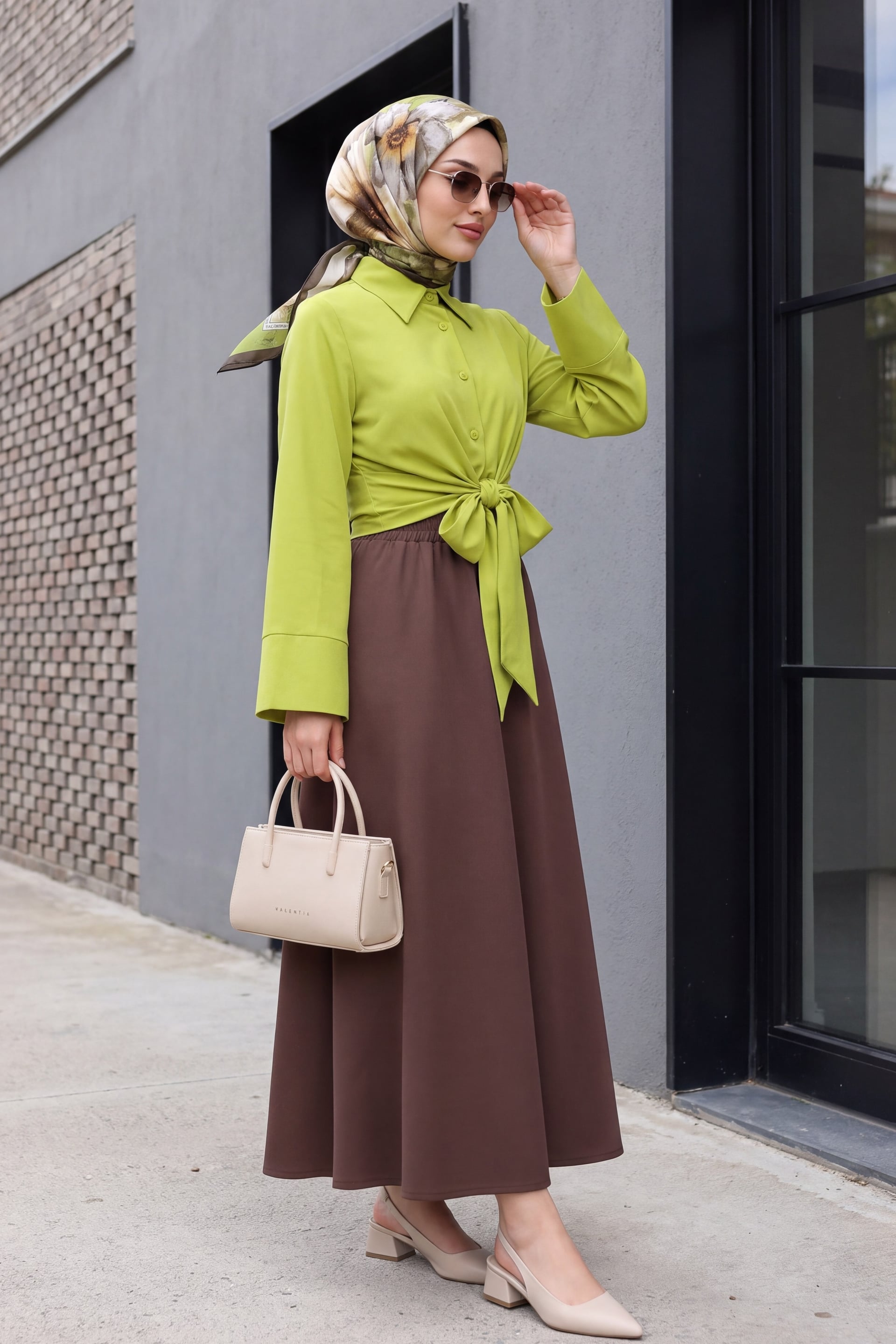 Lime Green Spanish Sleeve Side-Tie Button-Up Blouse - Podyumplus - by Peralane - photo 3