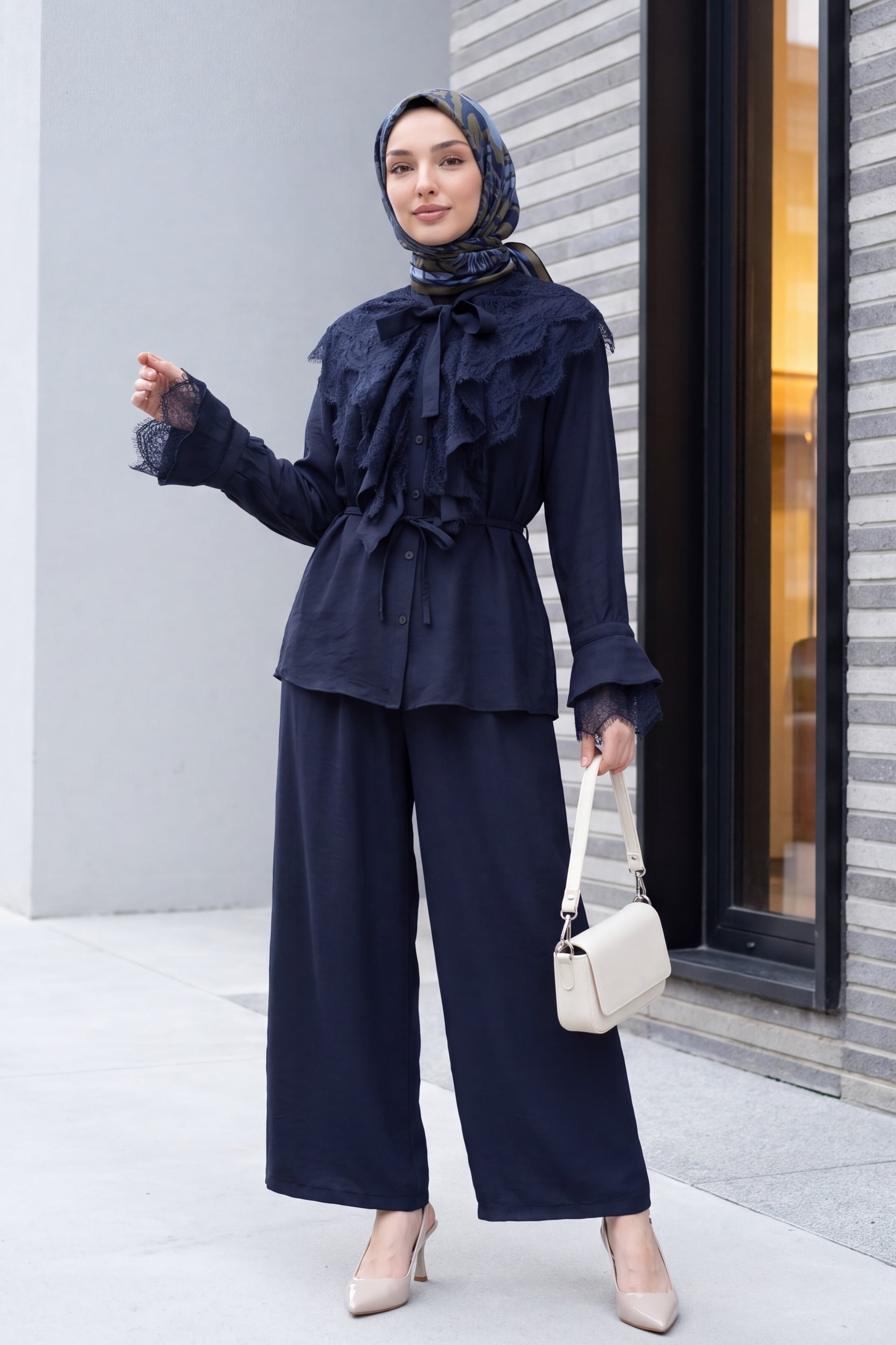 Navy Blue Lace Trim Tie-Waist Blouse and Wide-Leg Trousers Set - Podyumplus - by Peralane - photo 3
