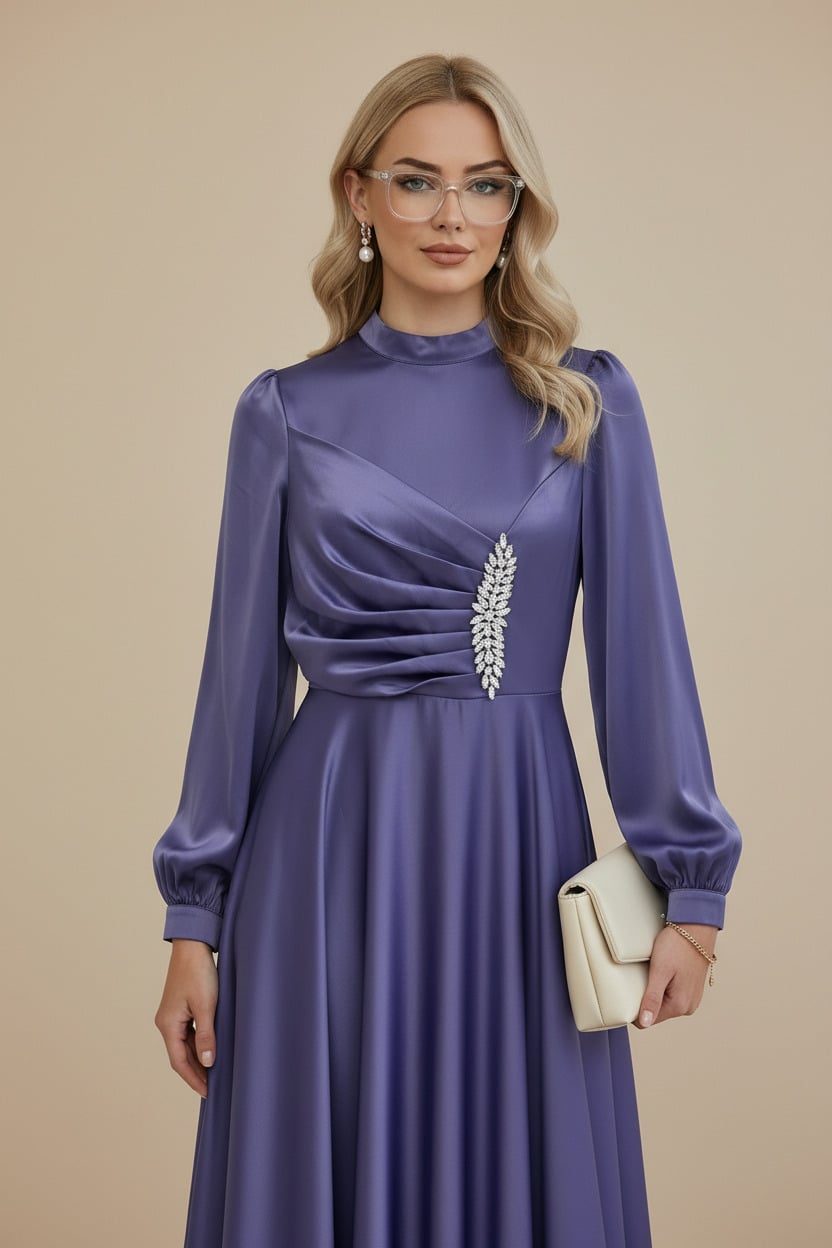 Ruched Satin Evening Dress with Stone Detail - Lilac - Podyumplus - by Peralane - photo 3