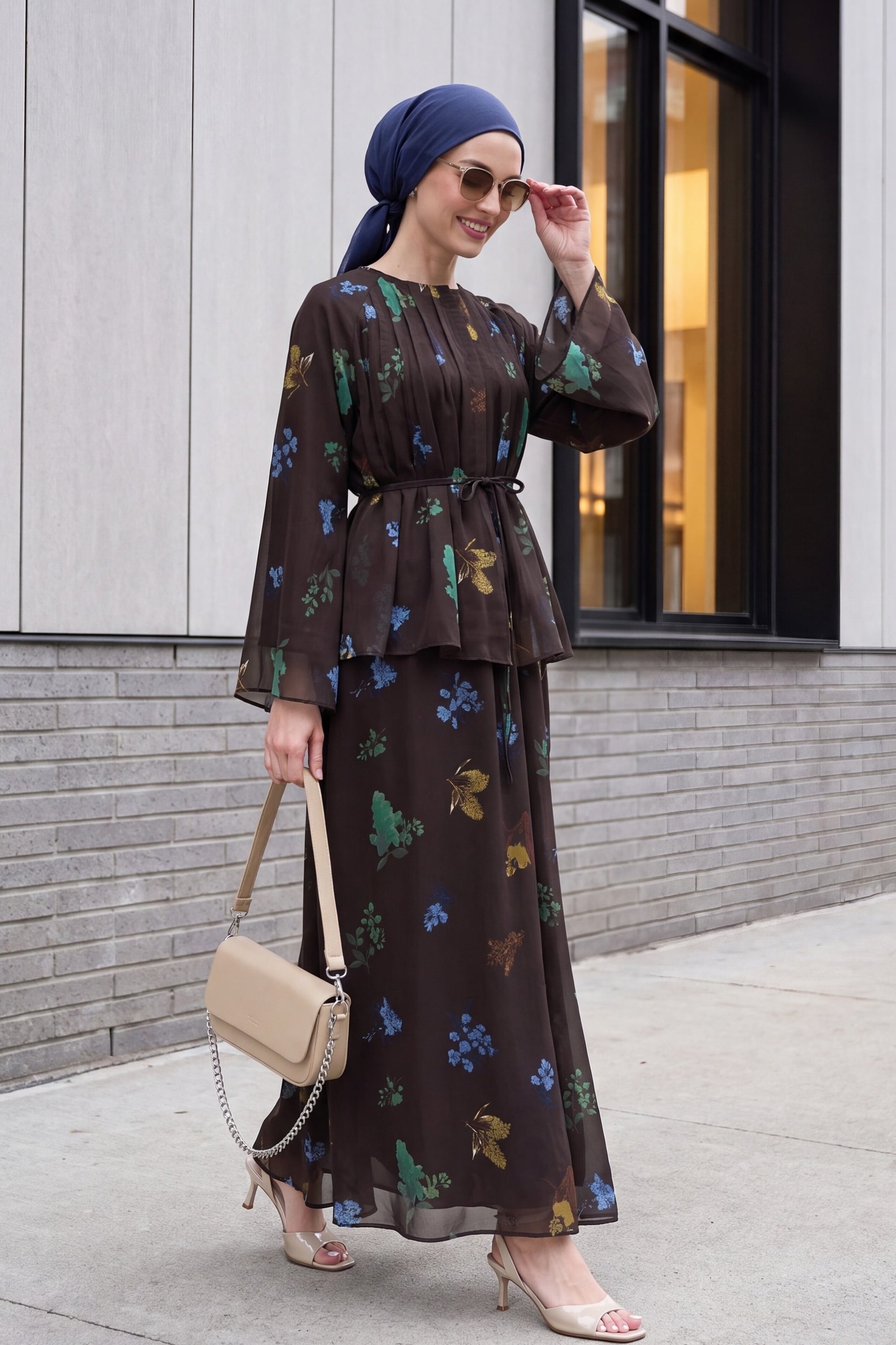 Women's Floral Print Chiffon Two-Piece Set with Spanish Sleeves and Belt - Podyumplus - by Peralane - photo 5