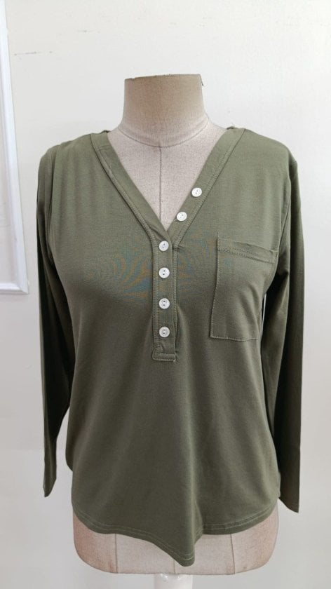 Women's Long Sleeve V-Neck Button Placket Olive Green Viscose Blouse - Janes - by Peralane - photo 4