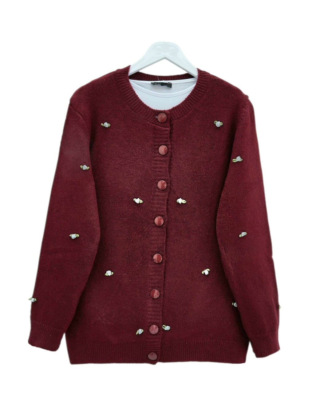 Buttoned Floral Detail Soft Cardigan - Maroon - Podyumplus - by Peralane - photo 3