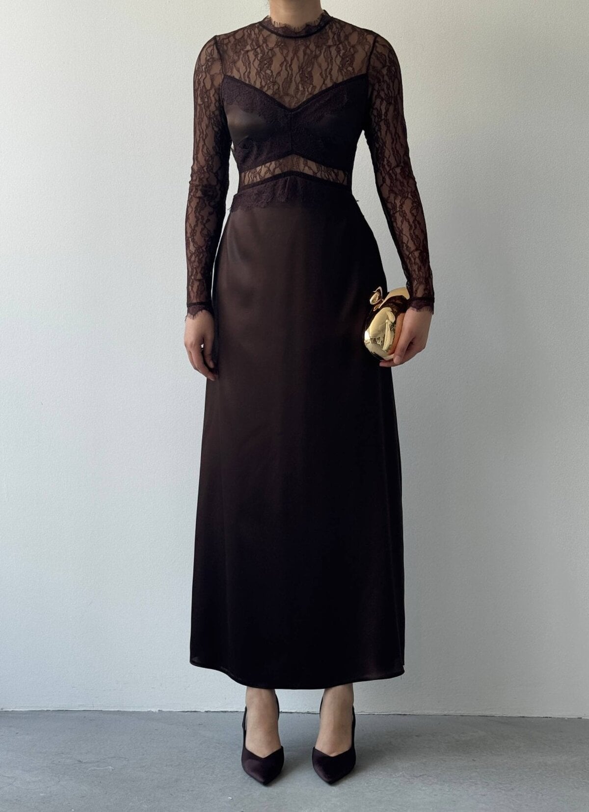 Nori Sheer Lace and Satin Dress in Brown - Etika - by Peralane - photo 2