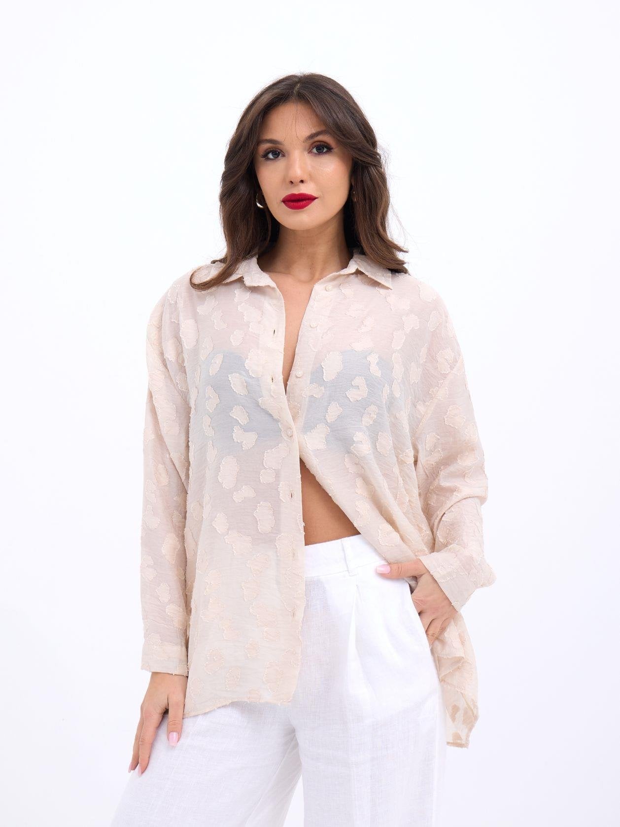 Light Beige Women's Long-Sleeve Blouse with All-Over Pattern - Fame - by Peralane