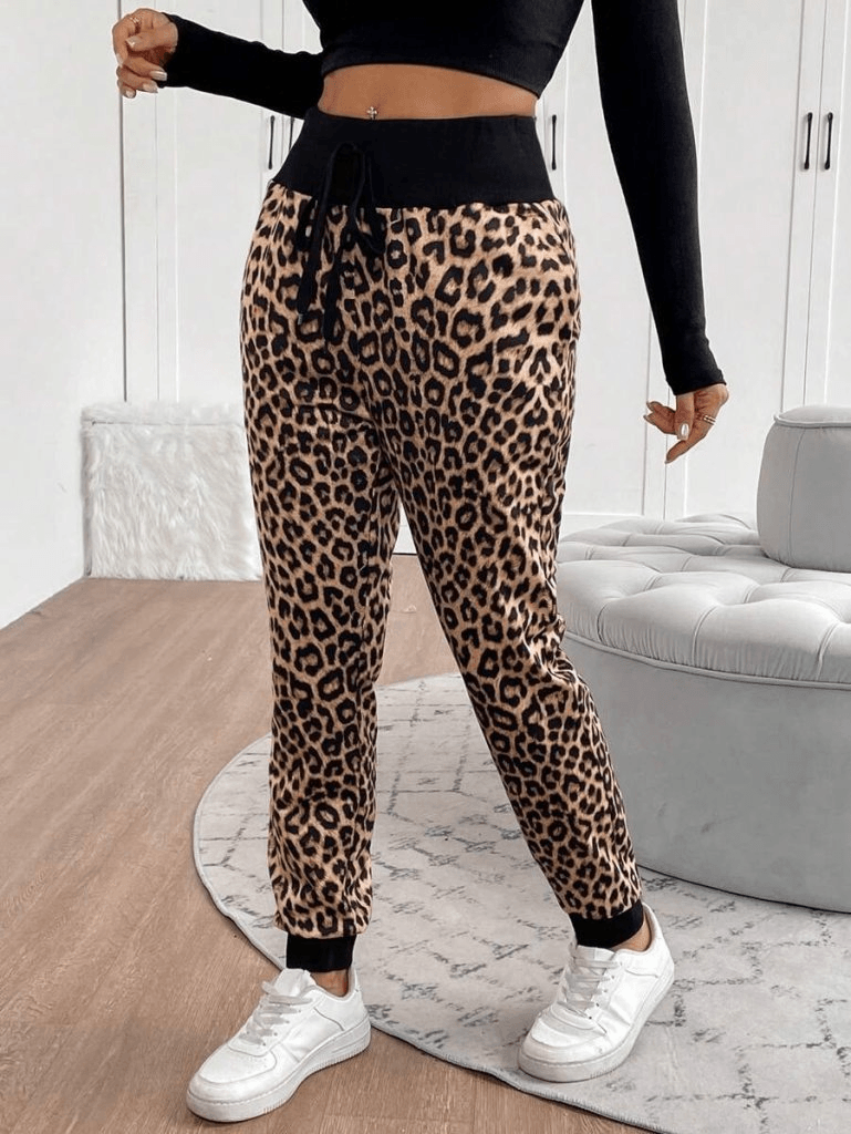 Women's High Waist Drawstring Leopard Print Two-Thread Knit Trousers - Janes - by Peralane - photo 4