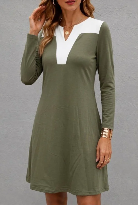 Women's Long Sleeve V-Neck Two-Tone Viscose Short Dress - Janes - by Peralane - photo 2