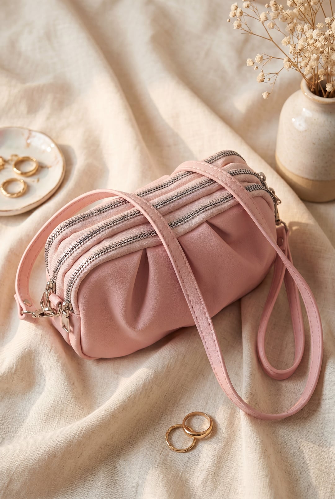 Three-Compartment Zipped Long-Strap Bag - Powder Pink - Podyumplus - by Peralane
