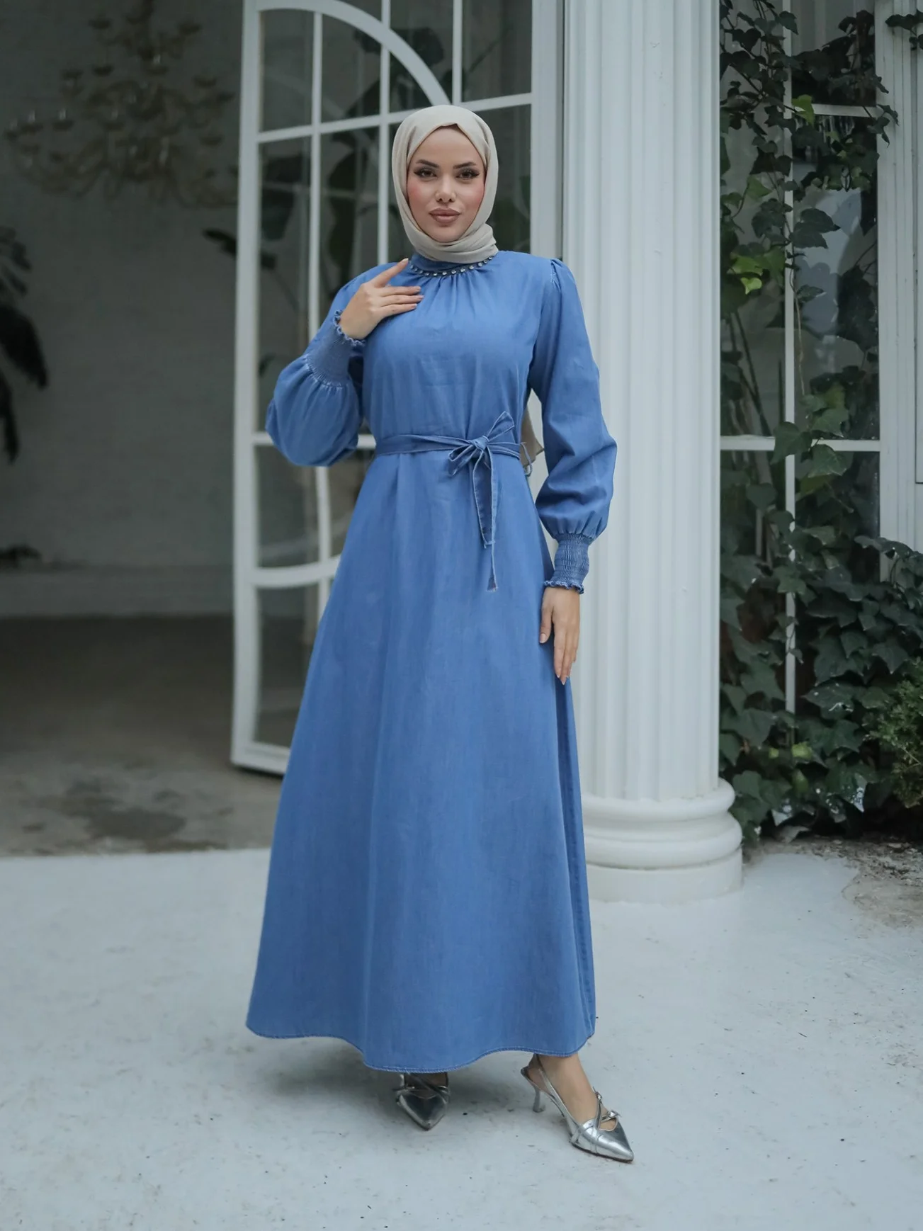 Long Sleeve Rhinestone Neck Denim Dress in Blue - Podyumplus - by Peralane - photo 5