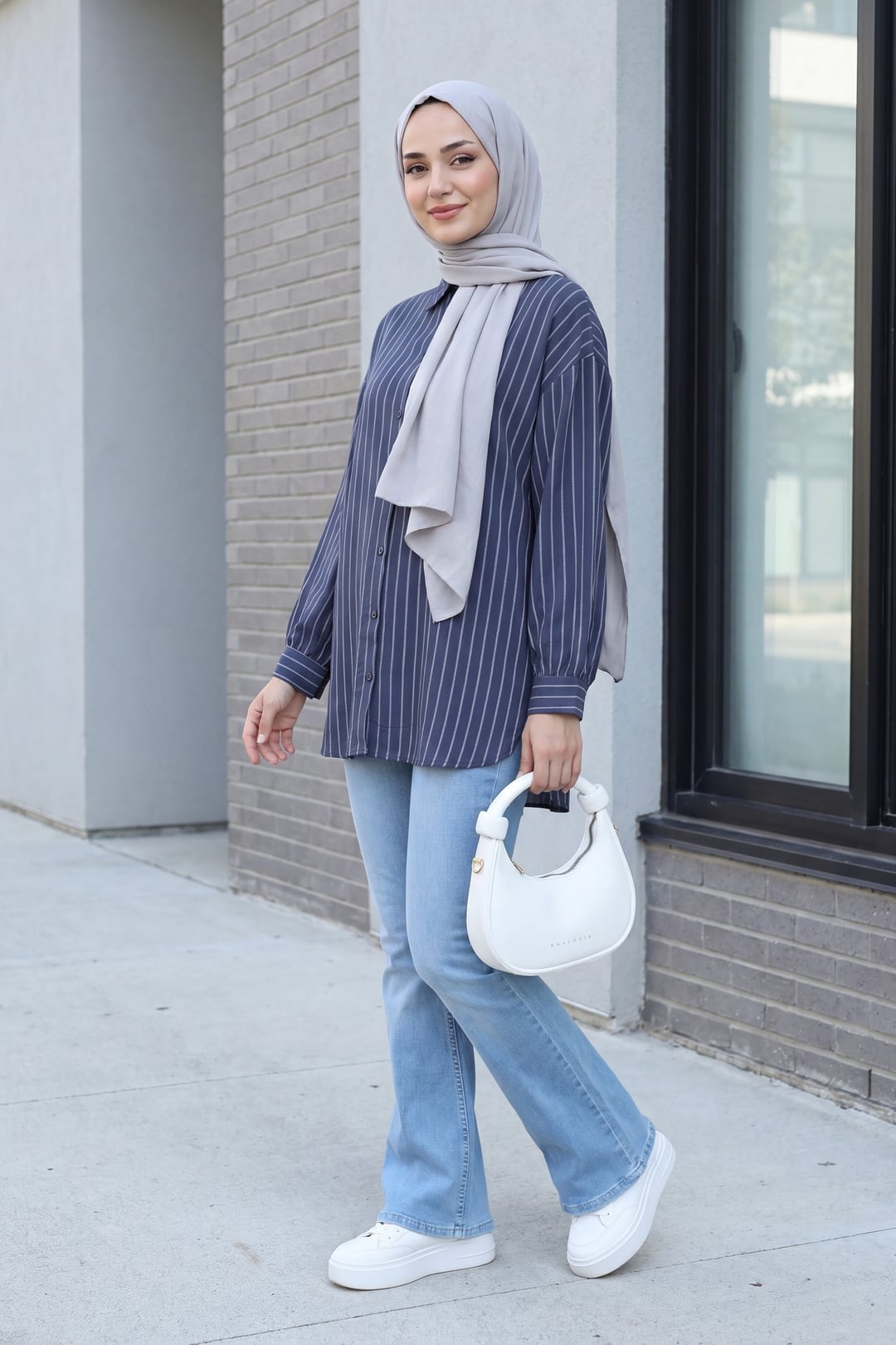 Striped Slit Oversized Linda Blouse in Parliament Blue - Podyumplus - by Peralane - photo 3