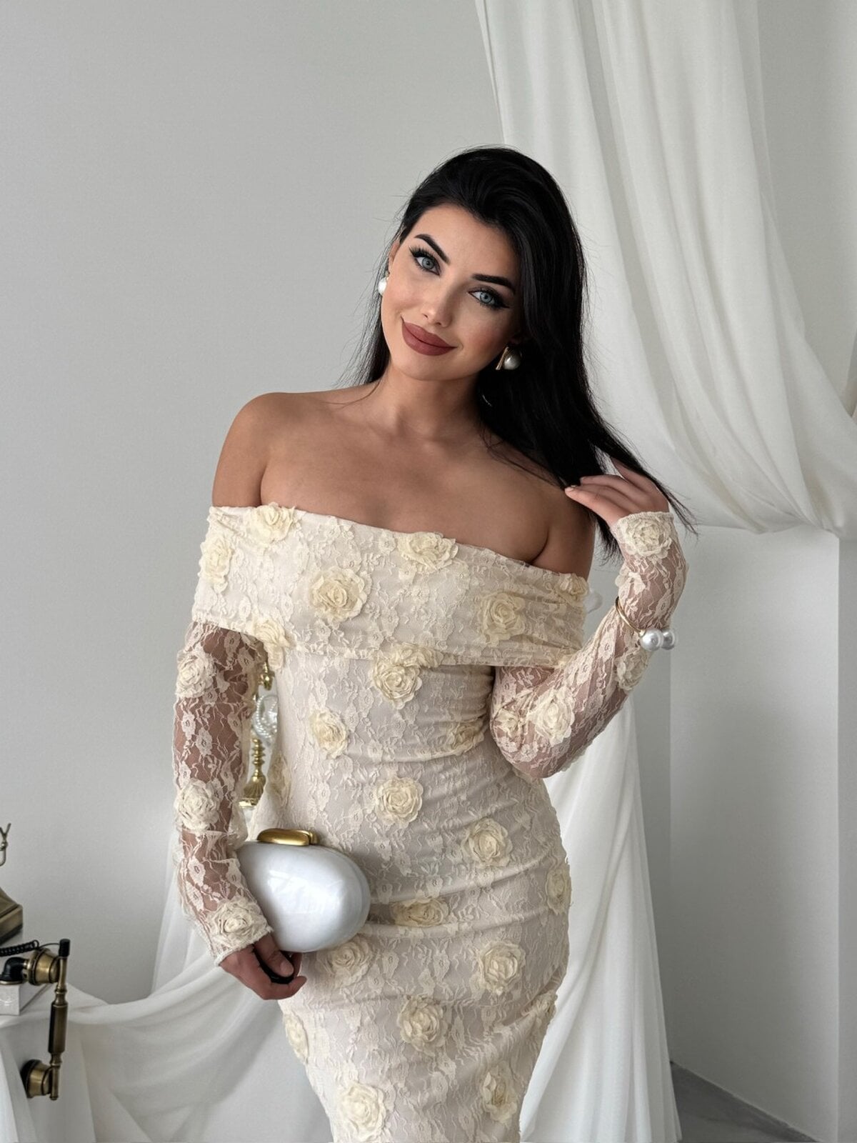 Beige Off-Shoulder Lace Dress with Floral Appliques - Etika - by Peralane