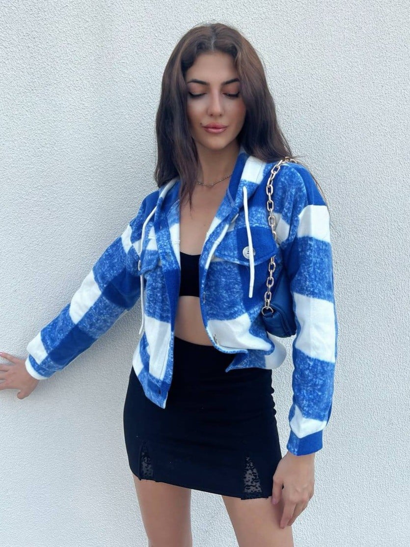 Women's Hooded Plaid Fleece Jacket - Blue - Podyumplus - by Peralane