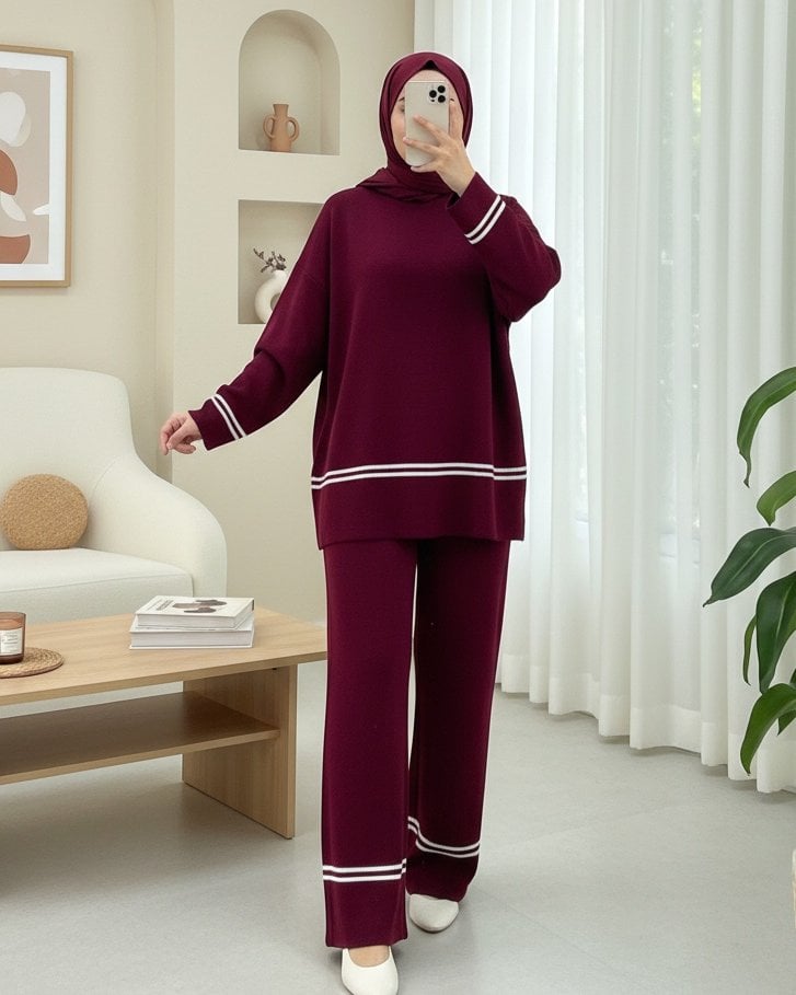 Striped Knit Two-Piece Set - Burgundy - Podyumplus - by Peralane - photo 5