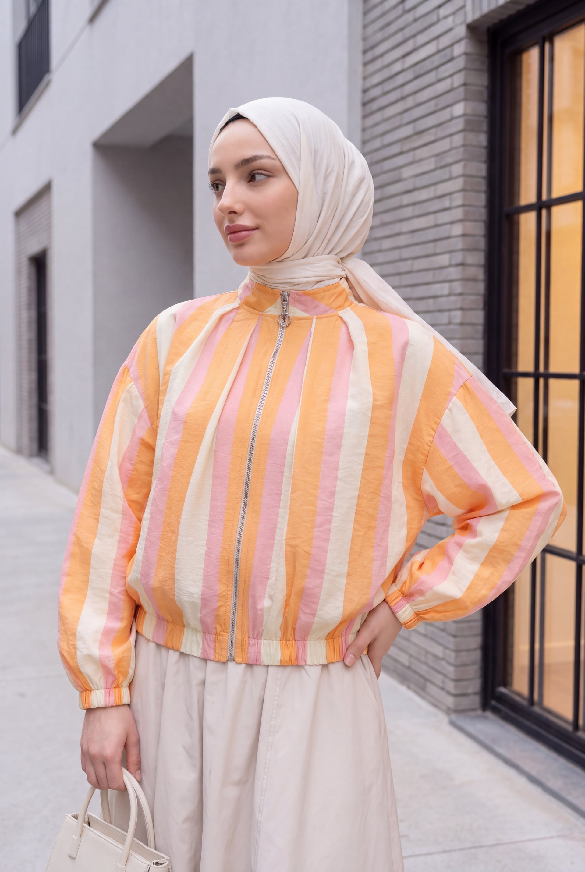 Elasticated Cuff and Hem Zip-Up Patterned Summer Jacket - Orange - Podyumplus - by Peralane