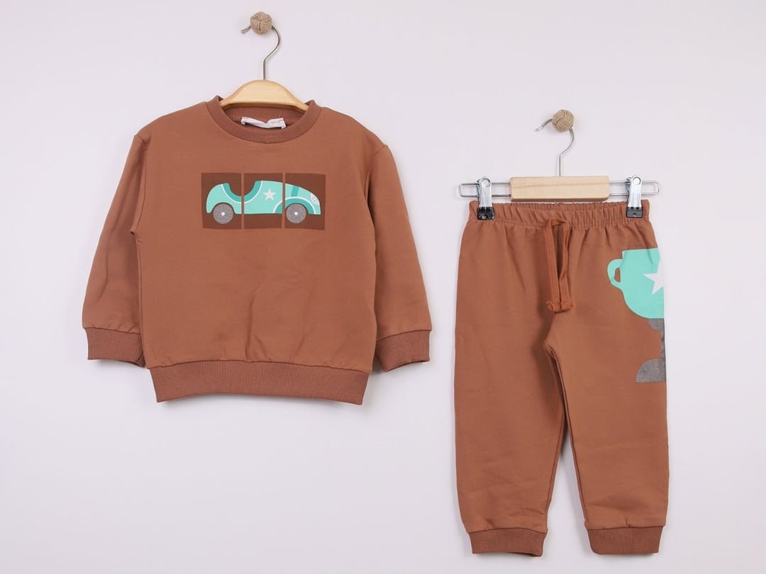 Boys' Car Print Sweatshirt and Trousers Set - Brown - Comix - by Peralane