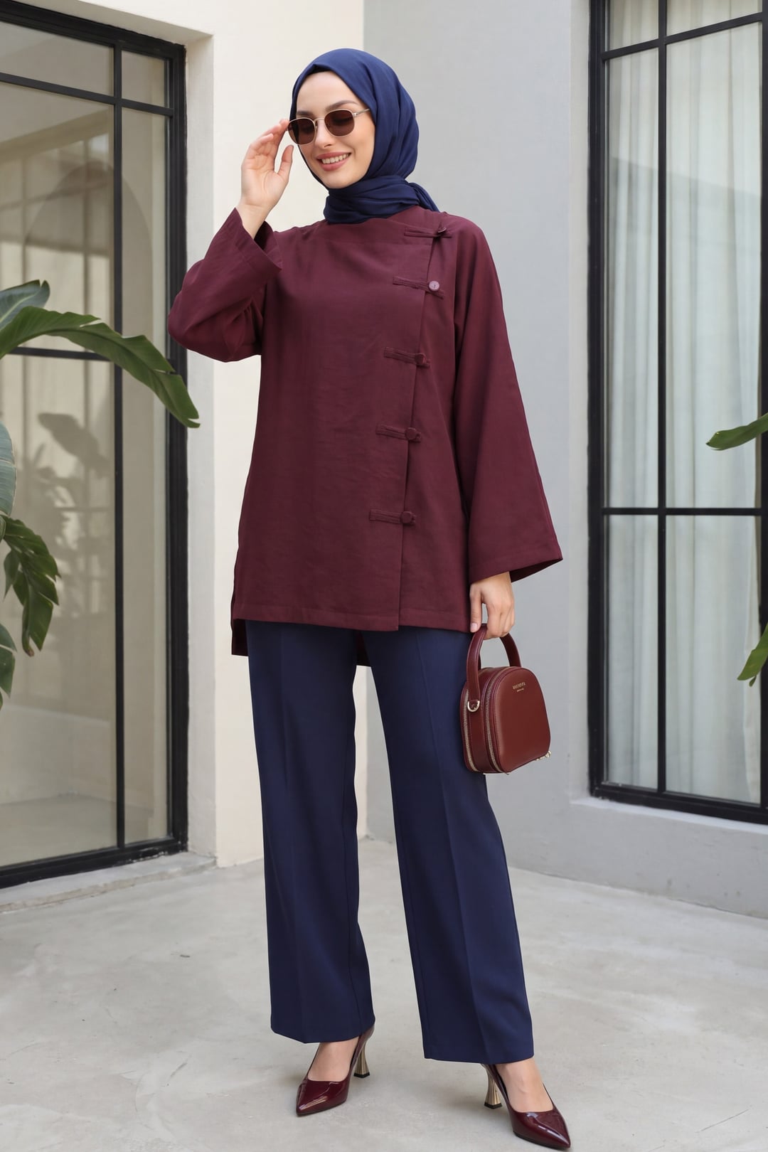 Round Neck Button Front Long Back Polyviscose Tunic - Deep Red - Podyumplus - by Peralane - photo 4