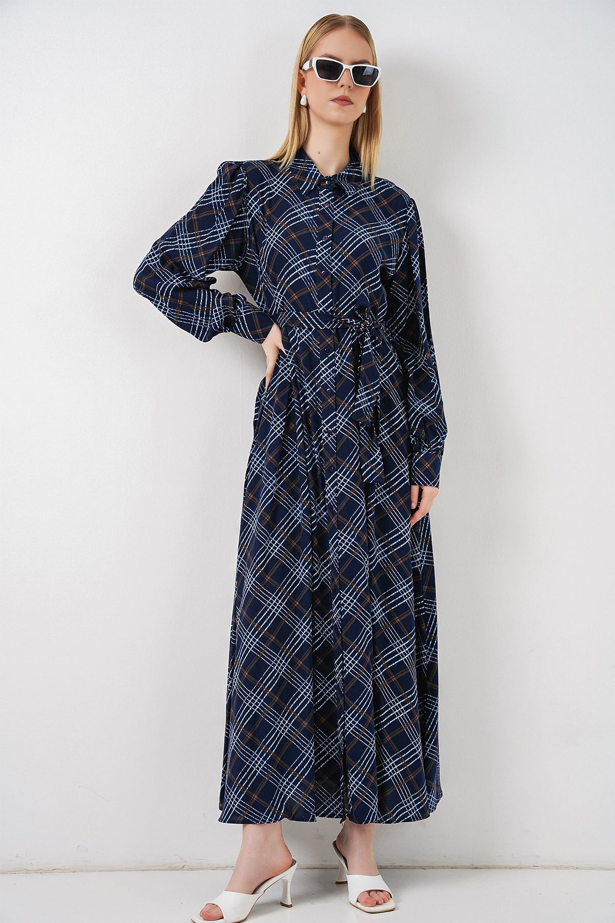 Women's Long-Sleeved Button-Front Long Modest Dress in Dark Blue Plaid - Bigdart - by Peralane - photo 7