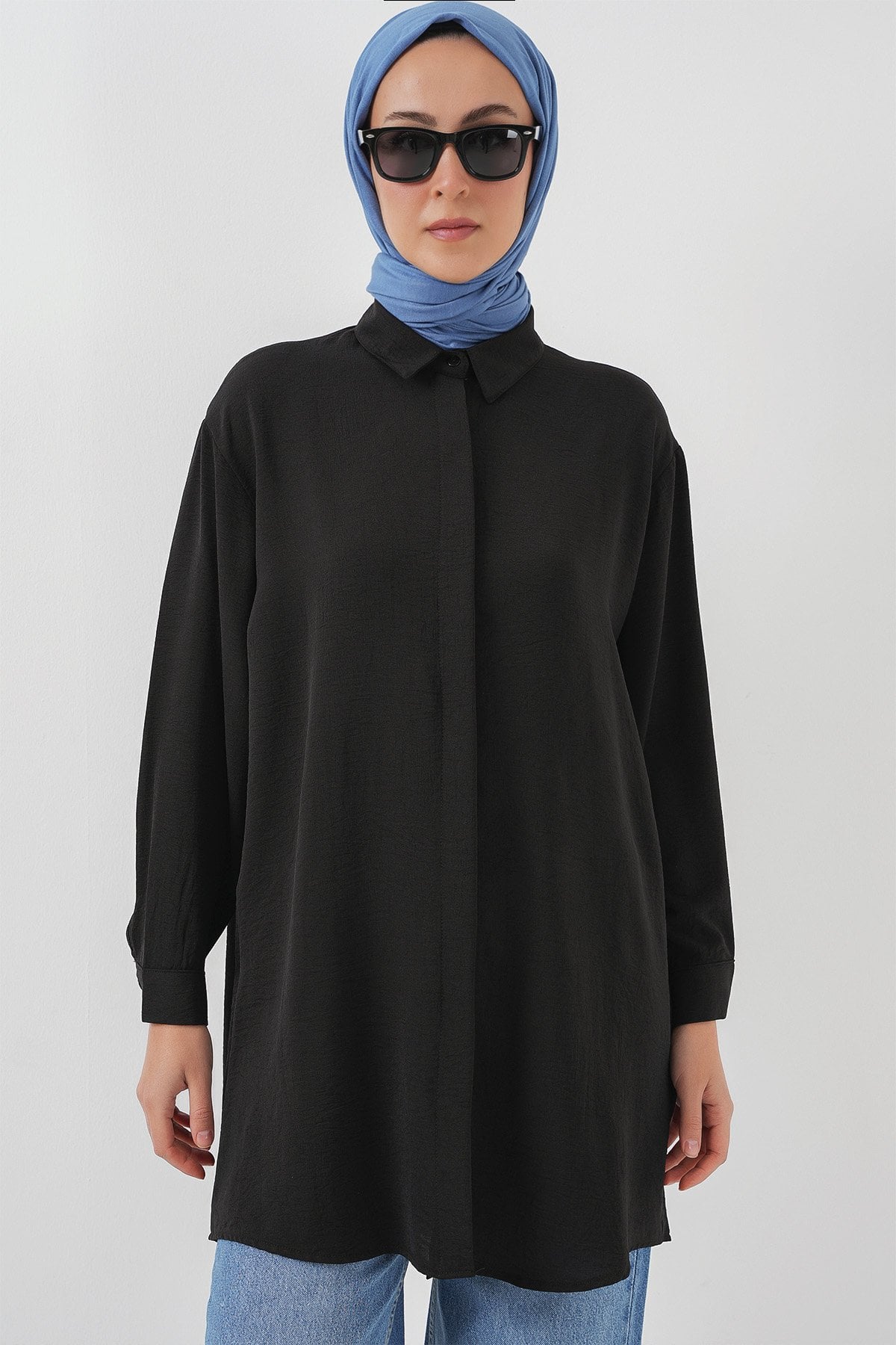 Women's Long-Sleeved Black Tunic with Collar and Button-Down Front - Bigdart - by Peralane - photo 6