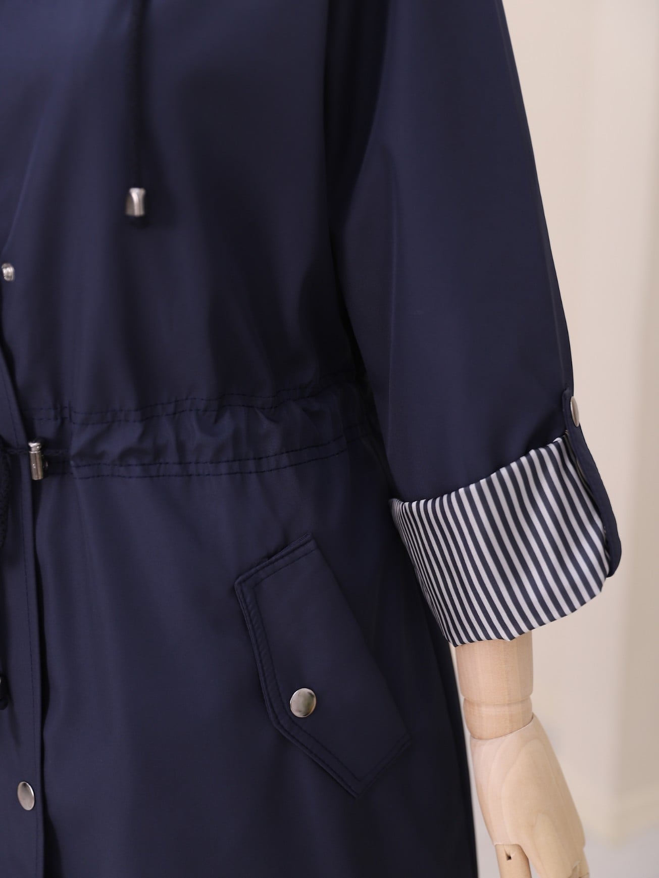 Navy Blue Hooded Trench Coat with Drawstring Waist - Podyumplus - by Peralane - photo 9