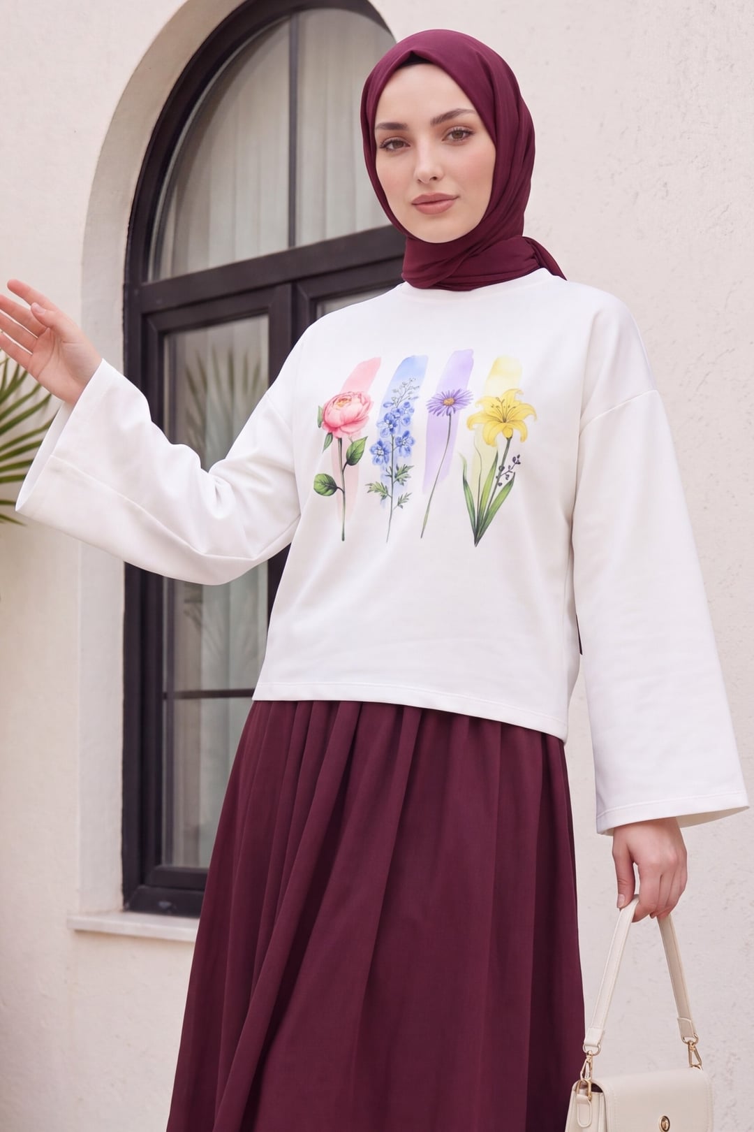 Floral Print Crew Neck Oversize 2-Thread Jersey Sweatshirt - Ecru - Podyumplus - by Peralane